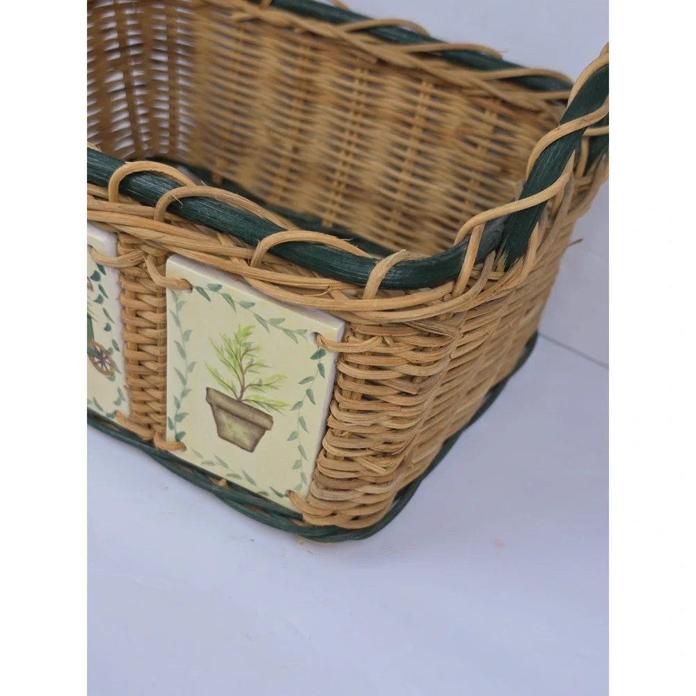 Woven Wicker Basket With Painted Ceramic Tile Accents Gardening Theme Handles